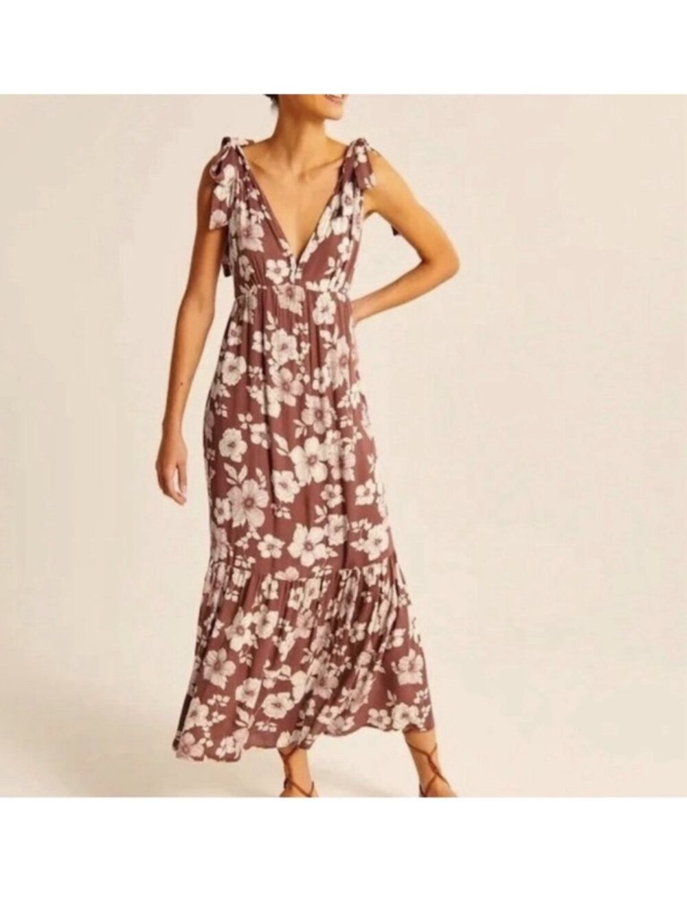 Abercrombie & Fitch Midi Dress Pink Mauve Tiered Tie Sleeve Medium Sundress